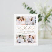 Elegantes Gold Script 4 FotoCollage Save the Date Ankündigungspostkarte (Stehend Vorderseite)