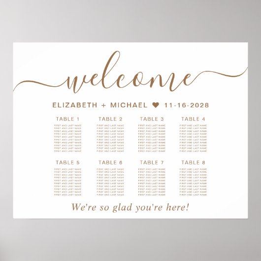 Elegantes Gold Script 8 Table Wedding Seating Char Poster (Vorne)