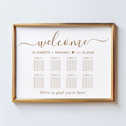 Elegantes Gold Script 8 Table Wedding Seating Char Poster