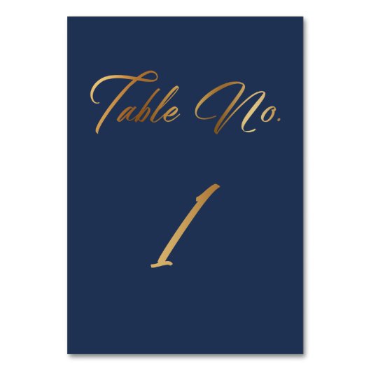 Elegantes Gold Script auf Navy Tischnummer 1 Card (Vorderseite)