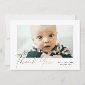 Elegantes Gold Script Baby Foto Dankeskarte (Vorderseite)