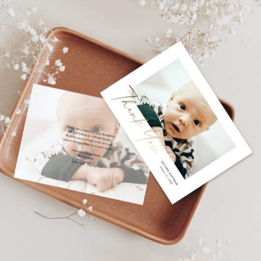 Elegantes Gold Script Baby Foto Dankeskarte