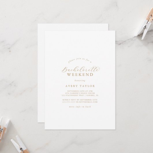 Elegantes Gold Script Bachelorette Weekend Einladung (Vorderseite/Rückseite Beispiel)
