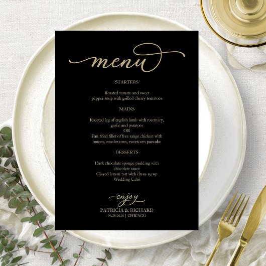 Elegantes Gold Script Black Wedding Menü Menükarte