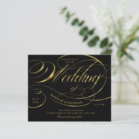 Elegantes Gold Script Budget Einladung zur Hochzei (Stehend Vorderseite)