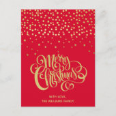 Elegantes Gold Script & Confetti Rotes Weihnachtsf Postkarte (Vorderseite)