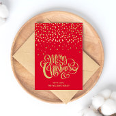 Elegantes Gold Script & Confetti Rotes Weihnachtsf Postkarte