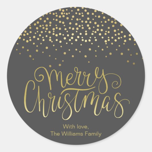 Elegantes Gold Script & Confetti Schwarzes Weihnac Runder Aufkleber (Vorderseite)