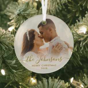 Elegantes Gold Script Couple Foto Frohe Weihnachte Ornament Aus Glas