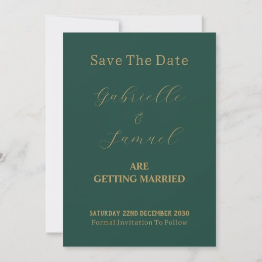 Elegantes Gold Script Couple Foto Green Save The Date (Vorderseite)
