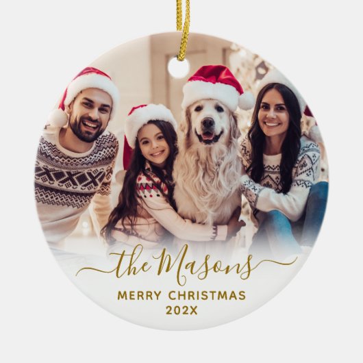Elegantes Gold Script Family Foto Frohe Weihnachte Keramik Ornament (Vorne)