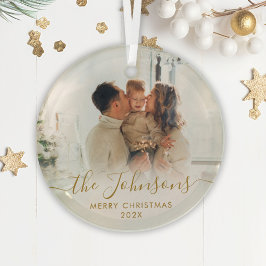 Elegantes Gold Script Family Foto Frohe Weihnachte Ornament Aus Glas