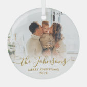Elegantes Gold Script Family Foto Frohe Weihnachte Ornament Aus Glas (Vorderseite)