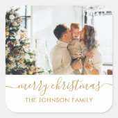 Elegantes Gold Script Family Foto Frohe Weihnachte Quadratischer Aufkleber (Vorderseite)