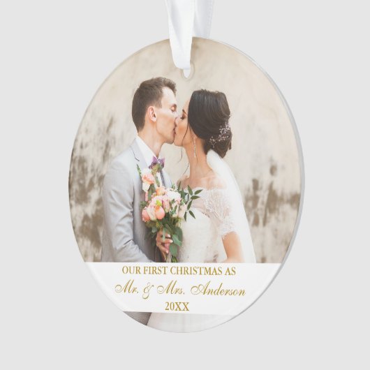 Elegantes Gold Script First Christmas 2 Foto Ornament (Vorderseite)