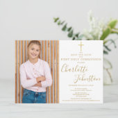 Elegantes Gold Script First Holy Communion Foto Save The Date (Stehend Vorderseite)