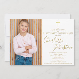 Elegantes Gold Script First Holy Communion Foto Save The Date