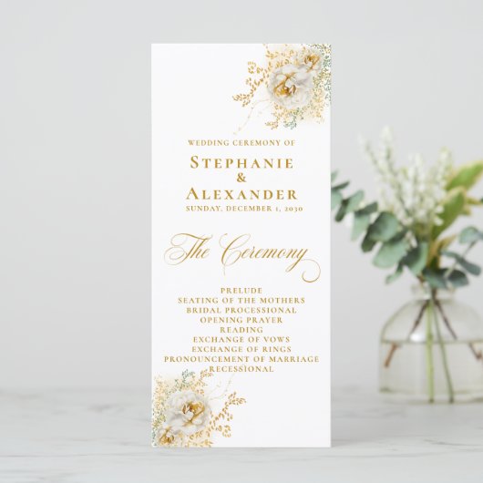 Elegantes Gold Script Floral Wedding Programm (Stehend Vorderseite)