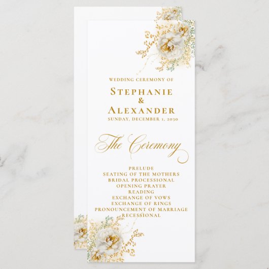 Elegantes Gold Script Floral Wedding Programm (Vorne/Hinten)