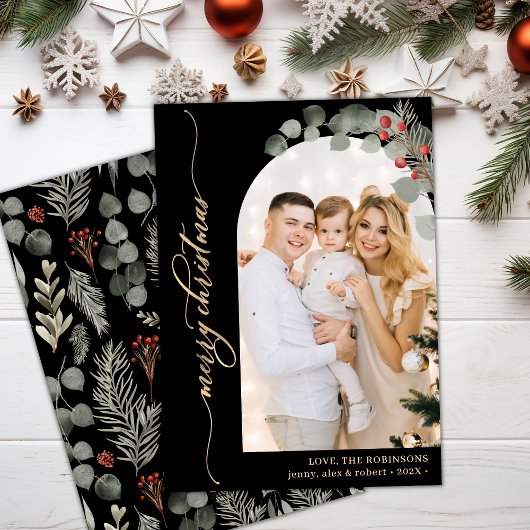 Elegantes Gold Script Foliage Foto Weihnachten