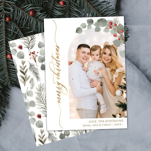 Elegantes Gold Script Foliage Foto Weihnachten