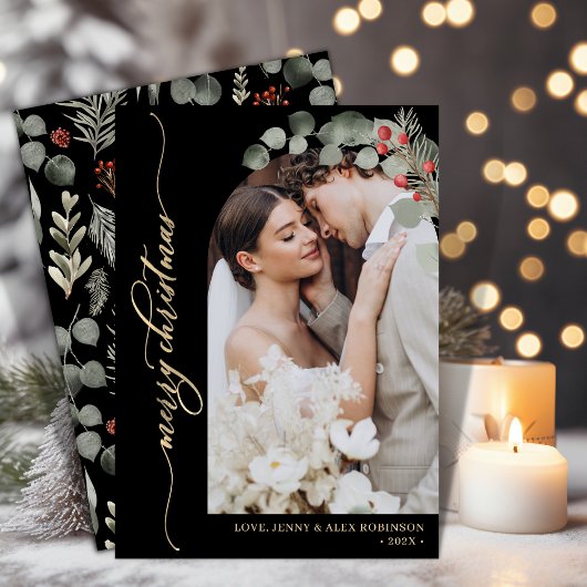 Elegantes Gold Script Foliage Foto Weihnachten