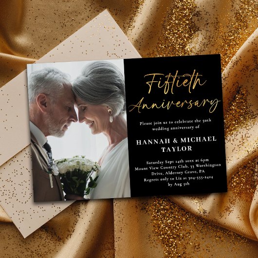 Elegantes Gold Script Foto 50. Hochzeitstag Einladung