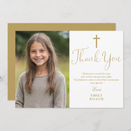 Elegantes Gold Script Foto Erste Heilige Kommune Dankeskarte