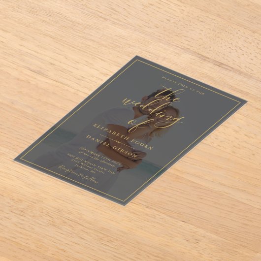 Elegantes Gold Script Foto Hochzeit Acryleinladungen (Ablage )