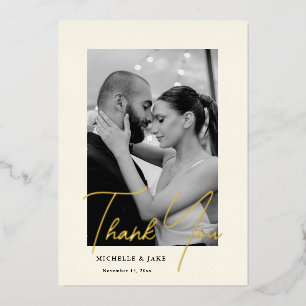 Elegantes Gold Script Foto Hochzeit Dankeschön Kar Folien Feiertagskarte