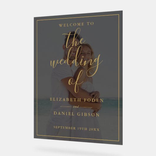 Elegantes Gold Script Foto Hochzeit Willkommen Acrylschild (Winkel)