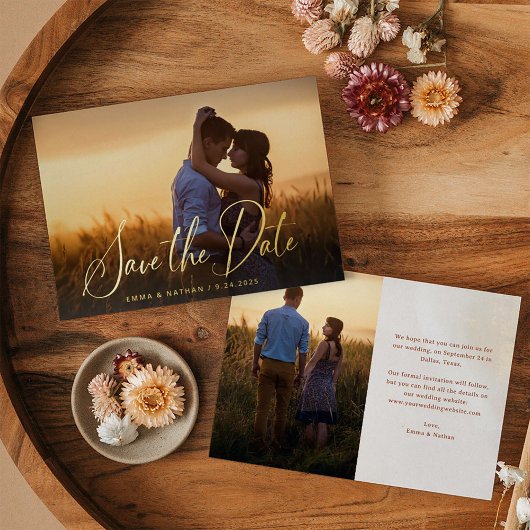 Elegantes Gold-Script | Foto Overlay Save the Date Folieneinladung