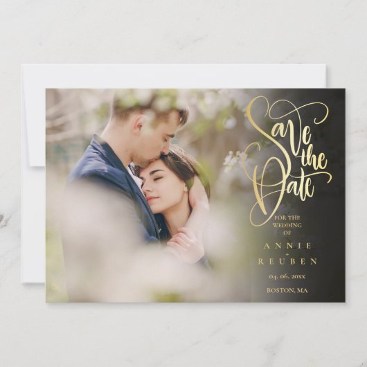 Elegantes Gold Script Foto QR Code Hochzeit Save The Date (Vorderseite)