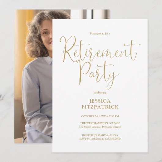 Elegantes Gold Script Foto Retirement Party Einladung (Vorne/Hinten)