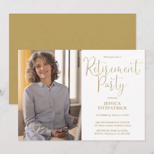 Elegantes Gold Script Foto Retirement Party Einladung (Vorne/Hinten)