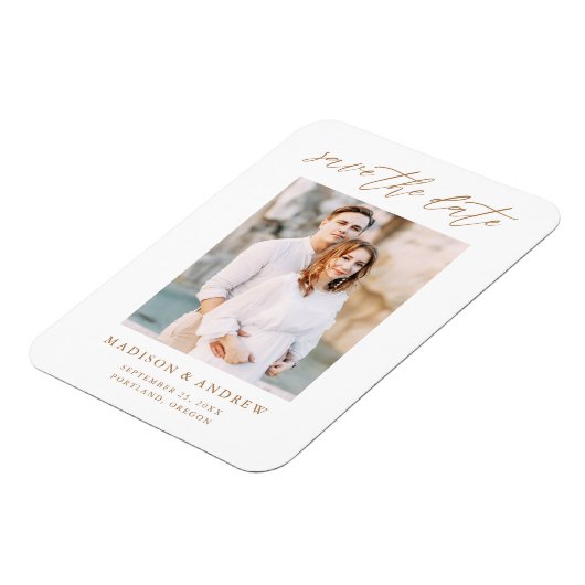 Elegantes Gold Script-Foto Save the Date Magnet (Linke Seite)