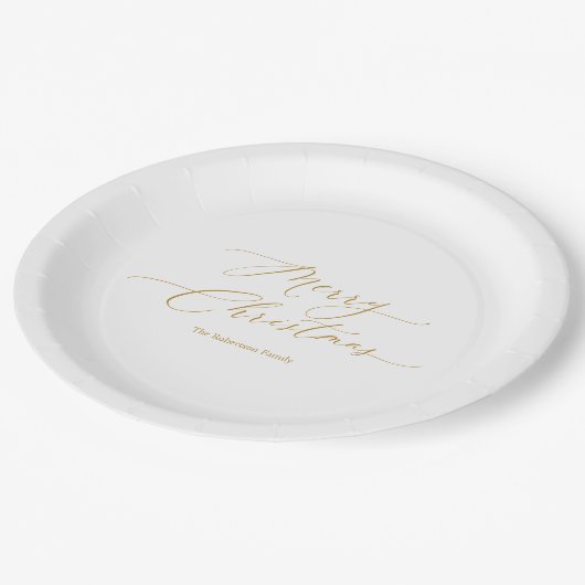Elegantes Gold Script "Frohe Weihnachten" Pappteller (Schrägansicht)