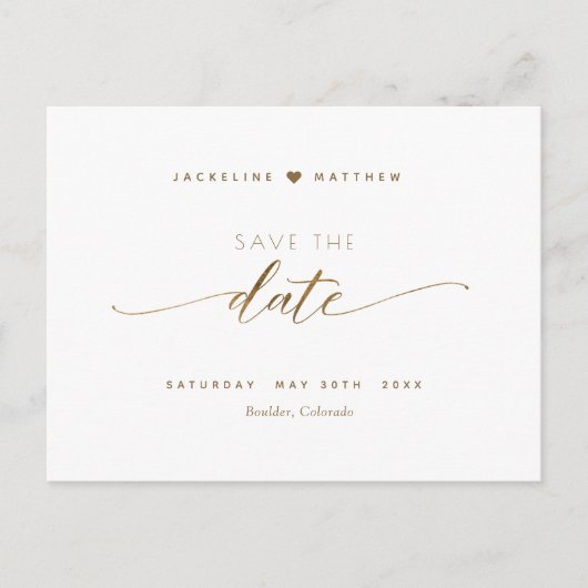 Elegantes Gold Script, Hochzeit speichern das Datu Postkarte (Vorderseite)