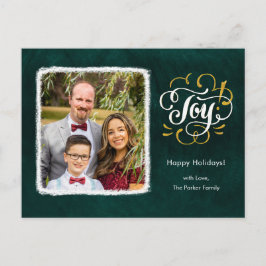 Elegantes Gold Script JOY Green Christmas Foto Feiertagspostkarte