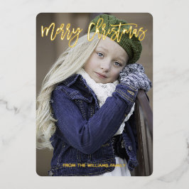 Elegantes Gold Script MerChristmas Custom Foto Folien Feiertagskarte