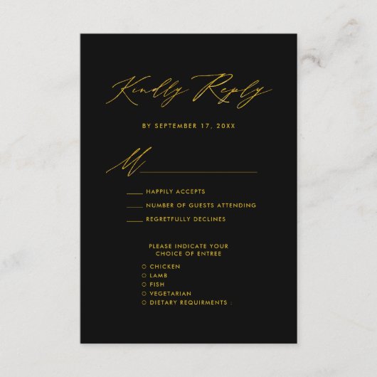Elegantes Gold Script Modernes Black Wedding RSVP Begleitkarte (Vorderseite)