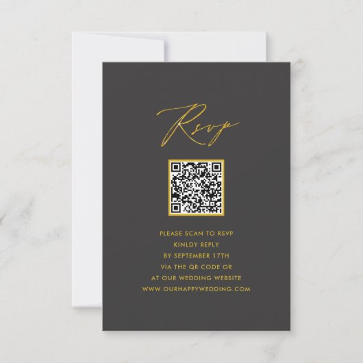 Elegantes Gold Script Modernes Gray QR Wedding RSV RSVP Karte (Vorderseite)