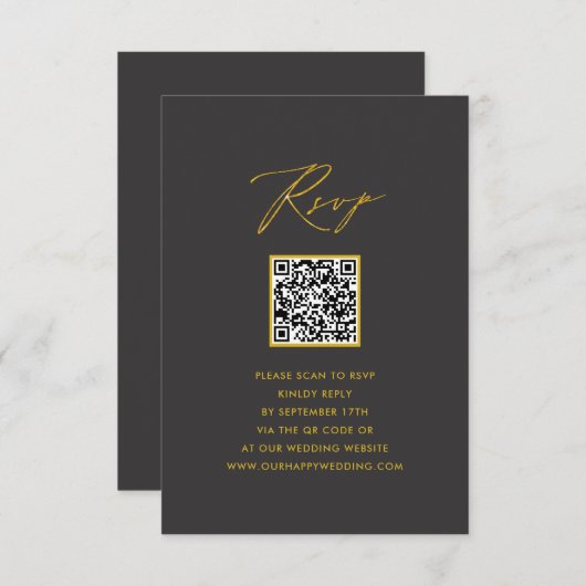 Elegantes Gold Script Modernes Gray QR Wedding RSV RSVP Karte (Vorne/Hinten)