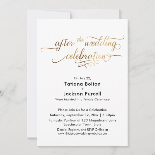 Elegantes Gold-Script nach der Hochzeit Einladung (Vorderseite)