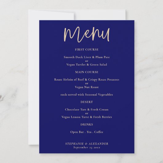 Elegantes Gold Script Navy Blue Wedding Menu Einladung (Vorderseite)