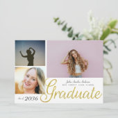 Elegantes Gold Script Overlay Drei-Foto-Abschluss Ankündigung (Stehend Vorderseite)