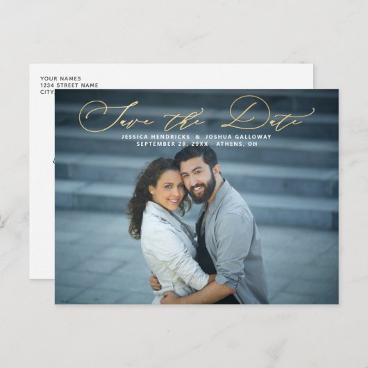 Elegantes Gold Script Overlay-Foto Save the Date Postkarte (Vorne/Hinten)