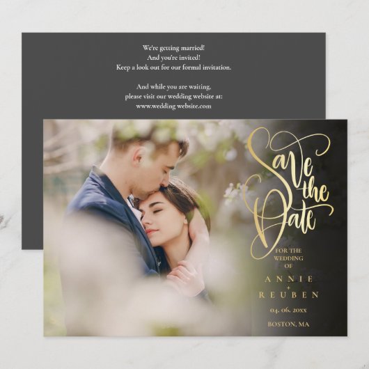 Elegantes Gold Script QR Code Foto Hochzeit Save The Date (Vorne/Hinten)