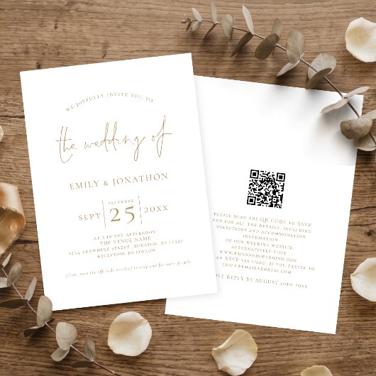 Elegantes Gold Script QR Code Hochzeit Einladung
