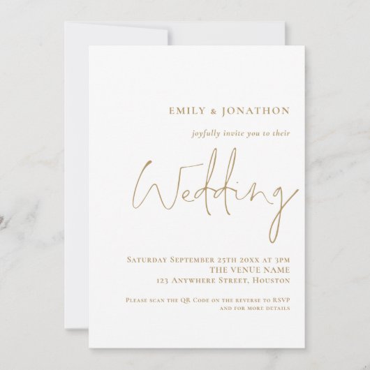 Elegantes Gold Script QR Code Hochzeit Einladung (Vorderseite)
